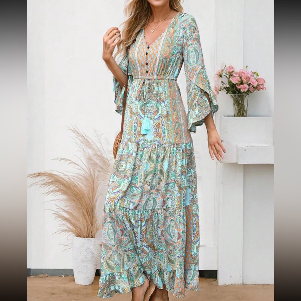 Boho Floral Print Paisley Flare Sleeve Ruffle Hem Maxi Dress - Picture 4 of 11